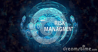 Image of risk managment text with icons over globe on black background Stock Photo