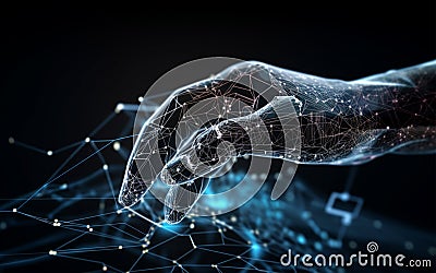 A robot hand touching on big data network connection, science and artificial intelligence technology, innovation, generative AI Stock Photo