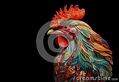 Image of a rooster head that is intricately crafted in three dimensions. Farm animals. Illustration, Generative AI Stock Photo