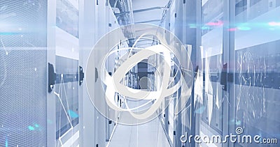 Image of rotating abstract pattern with geometric shape and lens flare over server room Stock Photo