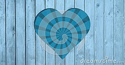 Image of rotating blue striped background over heart shapes hole in blue wooden surface Stock Photo