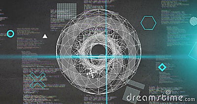 Image of rotating shapes and blue scanner beams over 3d network and data processing on grey Stock Photo