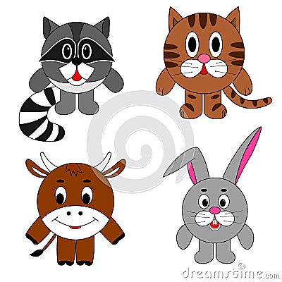 Image round the animals, raccoon, cat cow rabbit. vector image for labels. Vector Illustration