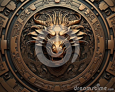 dragon head in the middle of a round bronze pattern. Cartoon Illustration