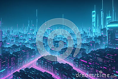 A round platform with blue neon lighting on the street of a futuristic city. Cyber future. Wallpaper in the Cartoon Illustration