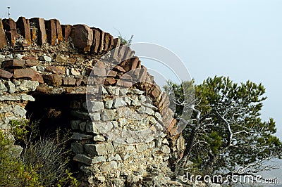 Ruins of part of the castle among the vegetation Stock Photo