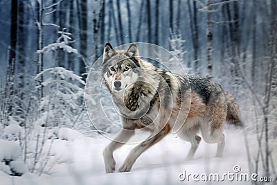 an image of a running wolf superimposed with a snowy winter forest scene Stock Photo