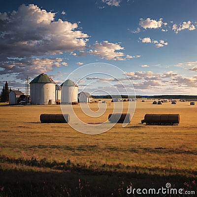 a beautiful farmer's field and grain silos with hay bales. Stock Photo