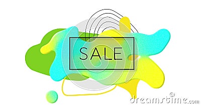 Image of sale text in black in black frame over multi coloured splodge on white Stock Photo