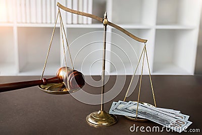 Image of scales, hammer and money. Concept of justice and equality. Stock Photo