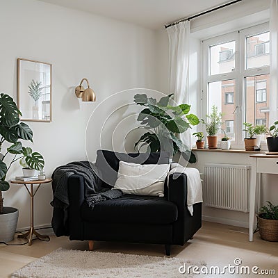 Scandic cozy interiors Comfy furnished living room and bedroom in hygge style with armchair plants and cat Modern stay home po Stock Photo