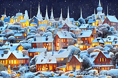 image of the scandinavian folk art houses in winter in a small town between forest. Stock Photo