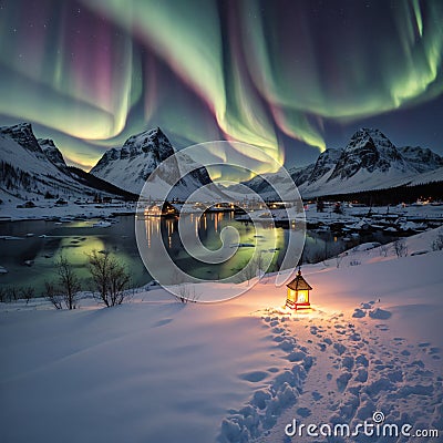 Scenic photo of winter fishing village with northern lights. stunning natural background. Picturesque Scenery of Stock Photo