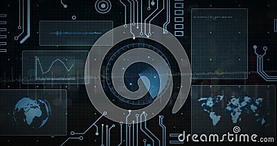 Image of scope scanning and data processing on black background Stock Photo