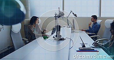 Image of scope scanning and data processing over diverse business people in office Stock Photo