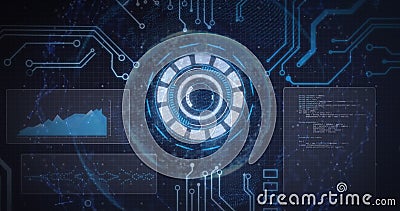 Image of scope scanning and data processing on screens with circuit board elements Stock Photo