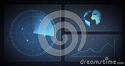 Image of scope scanning, globe and data processing on screens over grid Stock Photo