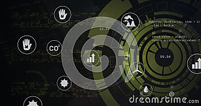 Image of scope scanning over data processing and ecology icons Stock Photo