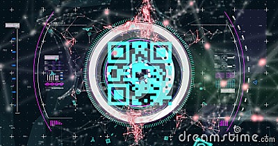 Image of scope scanning and qr code online security with network of connections in background Stock Photo