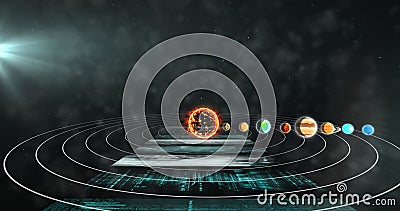 Image of screens with data processing over equations and solar system Stock Photo
