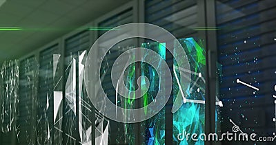 Image of screens of network of connections and plexus networks against computer server room Stock Photo