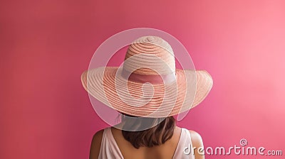 Back of woman wearing wide brimmed sunhat on pink background Stock Photo