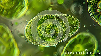 In this image we see a closeup of a chloroplast within the algae cell. The green ovalshaped organelle is filled with Stock Photo