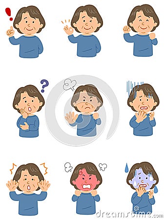 Senior lady wearing blue cut-out set of nine different poses, upper body Vector Illustration