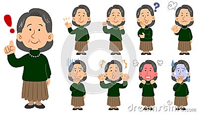 Senior women in green sweaters 9 sets of poses Vector Illustration