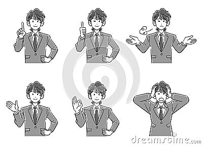 Set of 6 upper body of young brown haired businessman 1 grayscale Vector Illustration