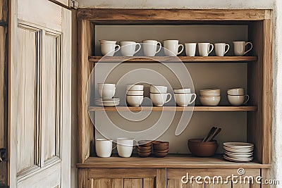 Stylish Ceramic Dishware on Wooden Shelving in Modern Indoor Decor Stock Photo