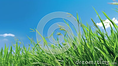 Green grass growing with blue sky and clouds Stock Photo