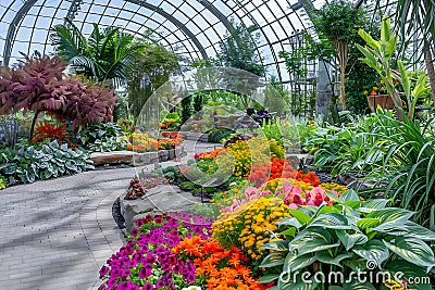 Vibrant Greenhouse Display of Exotic Flowers and Lush Greenery Stock Photo