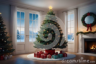 Christmas-tree is adorned with an exquisite array of ornaments on festive period Stock Photo