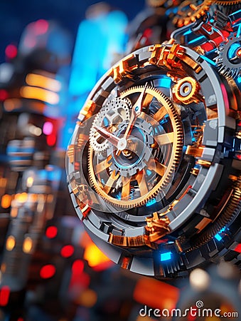 This Image Showcases a Detailed 3D Clock Design Intricate clock gears precision mechanics time concept futuristic technology Stock Photo
