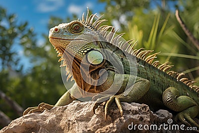This image showcases a detailed view of a lizard basking on a rock in its natural habitat, An iguana basking in the sun on a rocky Stock Photo