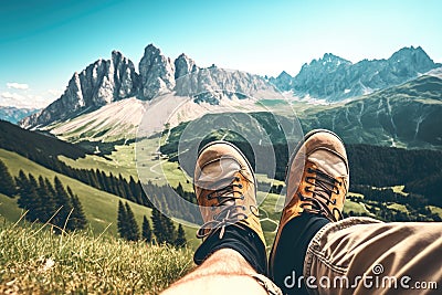 Feet of a Sitting Man on Top of a Grassy Mountain With a Beautiful View of a Rocky Mountain - Generative AI Stock Photo