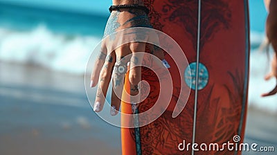 Hands of female surfer holding surf board Stock Photo