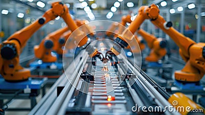 High-Tech Robotics: Automated Arms Assembling Electronics Components Stock Photo