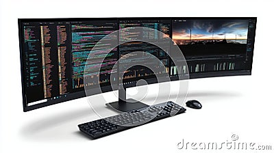 A sleek dual monitor setup displaying vibrant data and code. Perfect for tech enthusiasts and professional environments Stock Photo