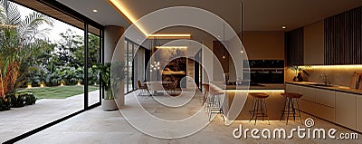 This image showcases a modern kitchen space, integrating minimalist design principles with a subdued and elegant color palette The Stock Photo