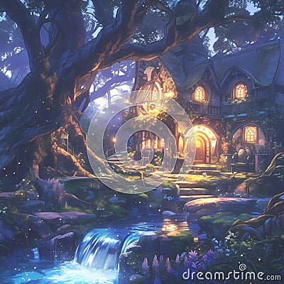 Warm and inviting fantasy cottage in enchanted forest at dusk. Stock Photo