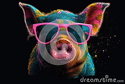 pig in sunglasses realistic with paint splatter abstract Generative AI Stock Photo