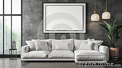 Spacious Living Room With White Couch and Large Window Stock Photo