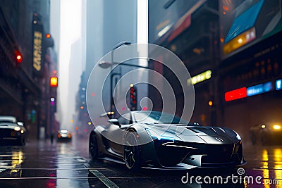 a beautiful black sports car on a wet street generative ai Stock Photo