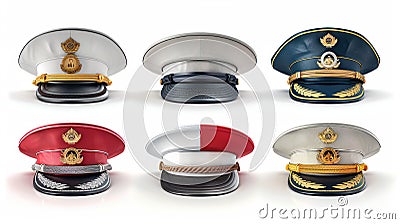 Stylish Collection of Navy Ship Military Captain, Army General, and Security Guard Hats in Various Colors on White Background Stock Photo