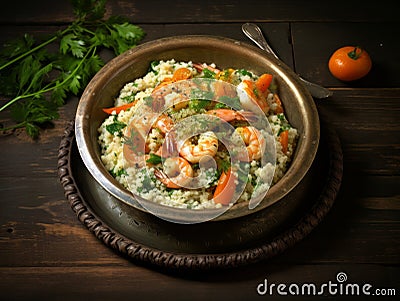 Savoring Exotic Delights: Shrimp and Carrot Couscous Bowl Extravaganza Stock Photo