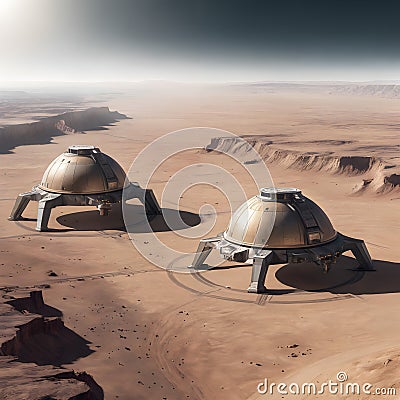 Futuristic Domes on Desert Terrain in Alien World Setting Stock Photo