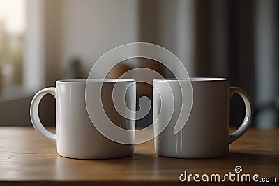 two white coffee cups are on a table one of which is white Cozy Moments Sharing Stories Over Stock Photo