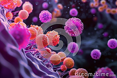 This image showcases a vibrant microcosm of spherical cells, with hues of pink and orange dominating Stock Photo